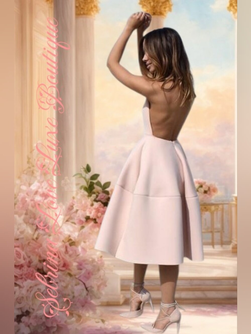 Romantic Blush Pink Plunge-Neck A-Line Backless Tea Length Dress